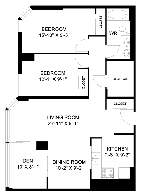 Floor plan for 2 beds, 1 bath, 1016 sqft